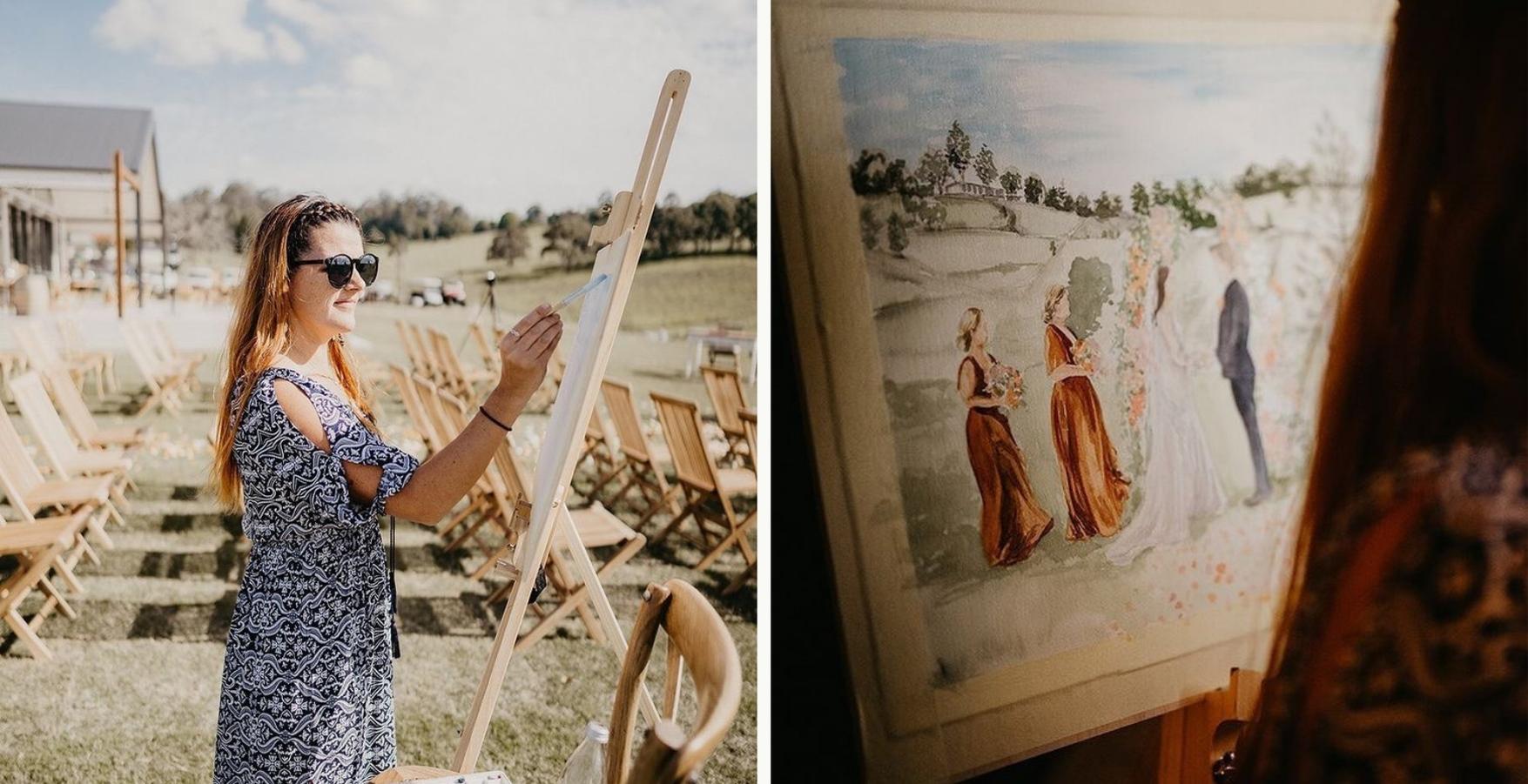 painting on an easel at a wedding in byron or sydney