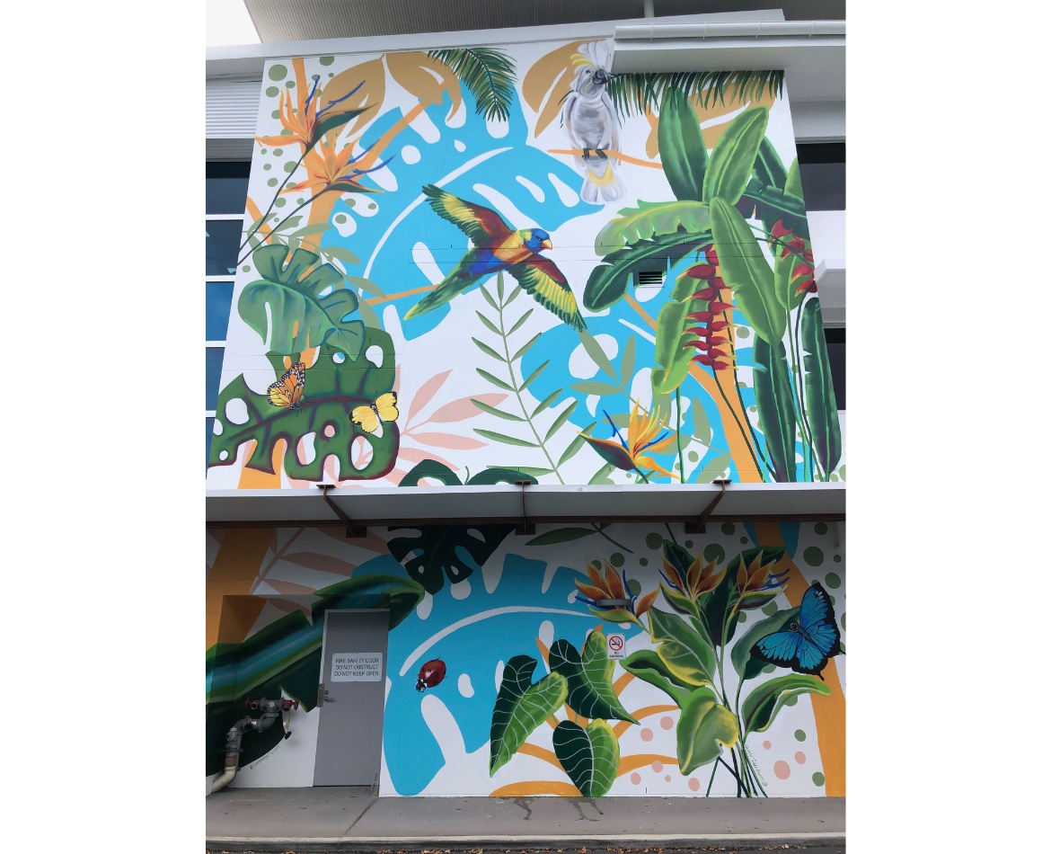 building mural tropical birds and plants