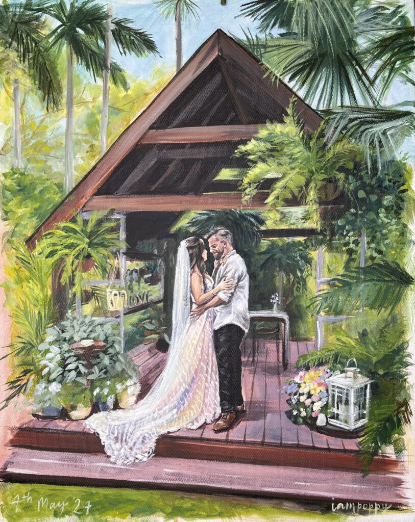 live wedding painting - tropical garden wedding