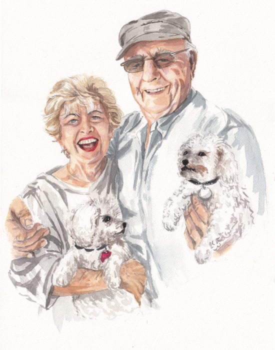 watercolour portrait of couple with dogs
